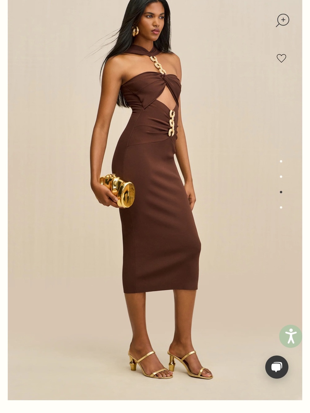cult gaia Strapless Cutout Midi Dress in Chocolate Brown with Gold Accents - Picture 3 of 4